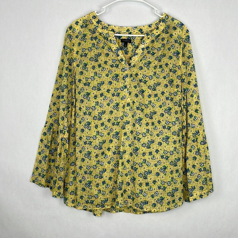 Talbots Yellow/Blue Floral Long Bell Sleeve 100% Cotton Tunic Blouse. Size Large